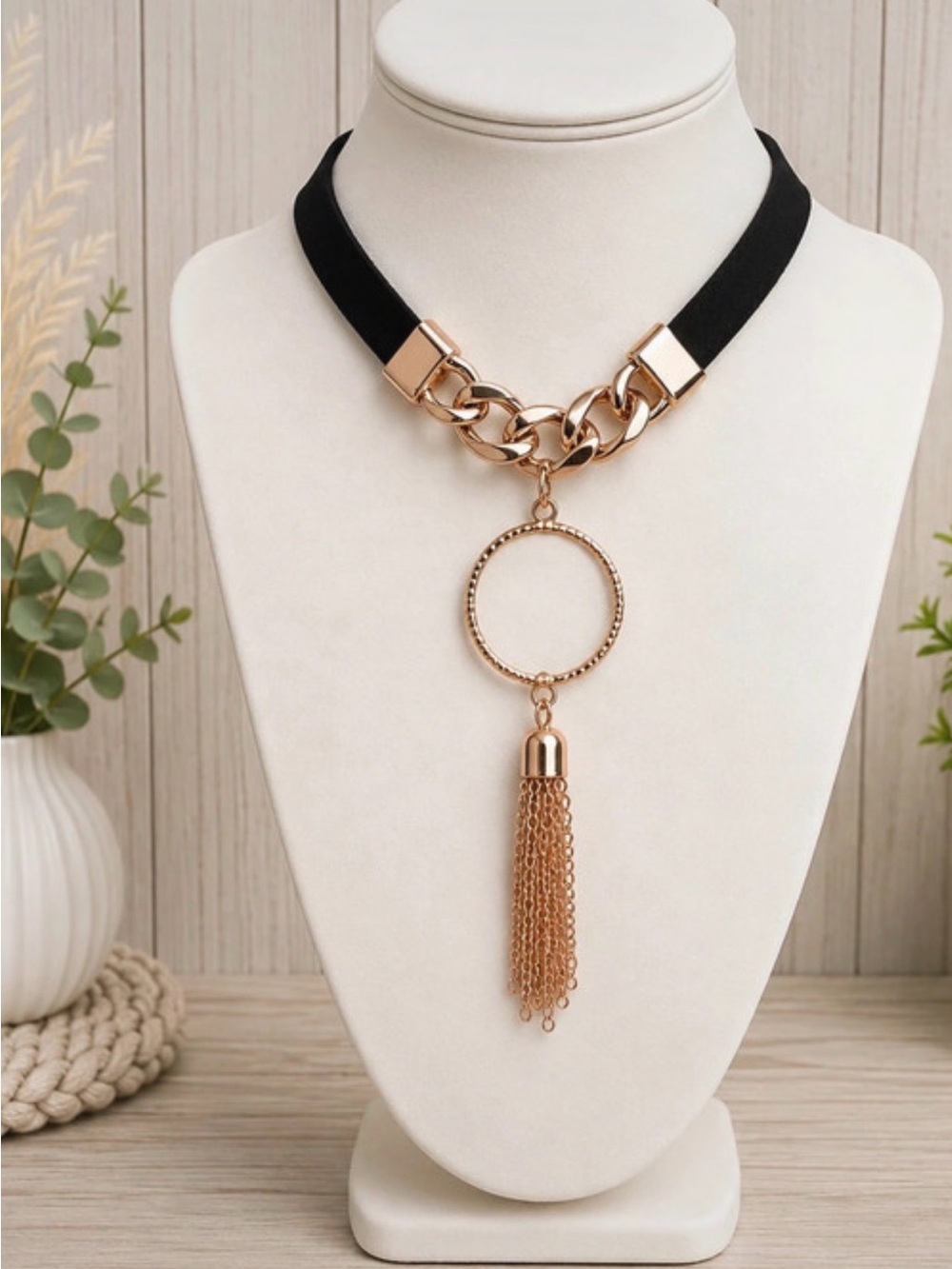 Gold and Black Tassel Pendant Necklace with black suede choker Womens Jewelry